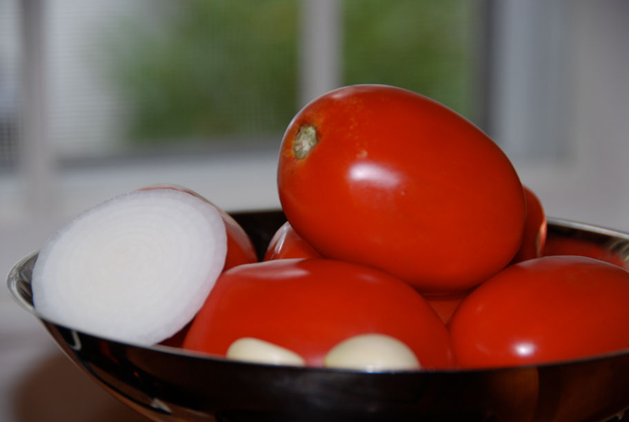 onion, tomatoes, and garlic