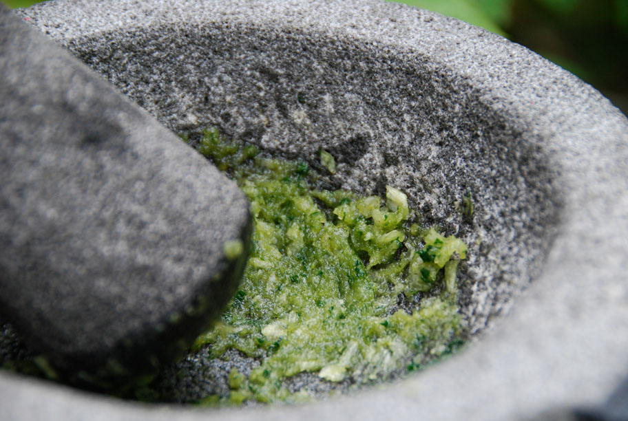 mint and garlic mashed in a molcajete