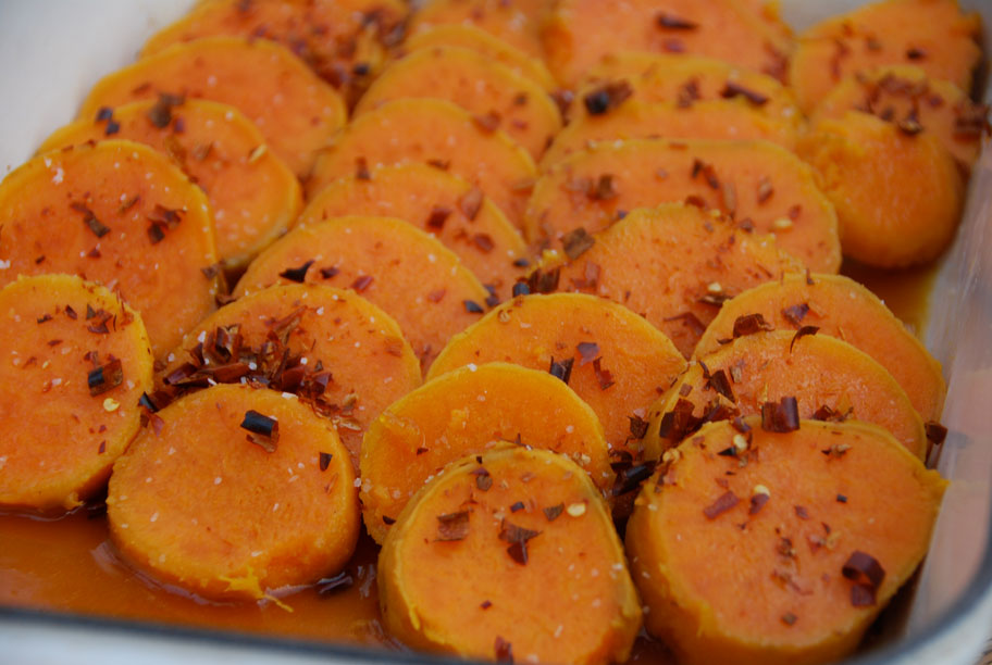 sweet potatoes with chile de arbole in baking dish
