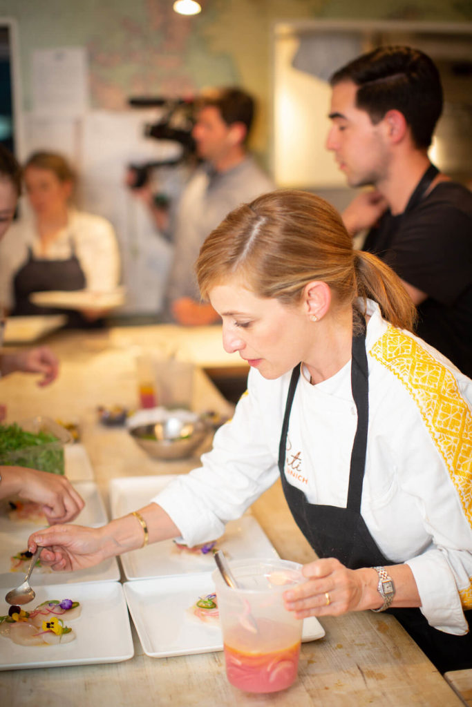 Pati Jinich plating her classic scallop aguachile at the James Beard House