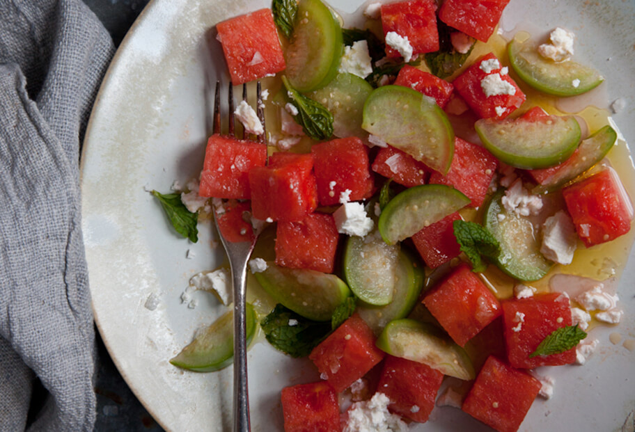 watermelon and tomatillo salad with feta cheese