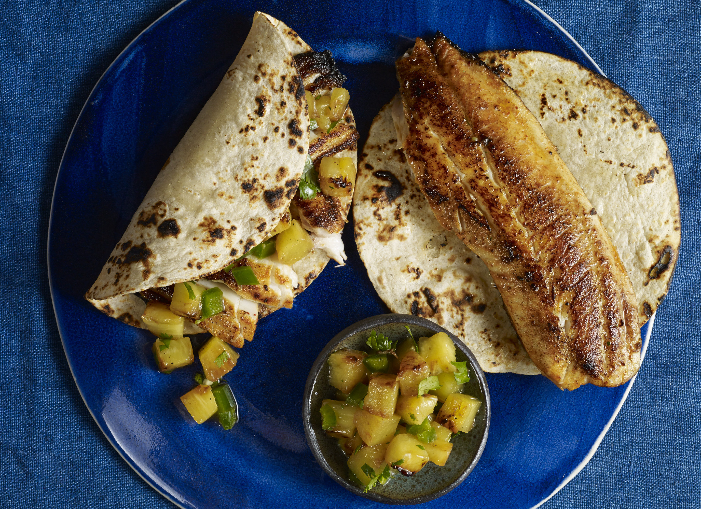 adobo fish tacos with grilled pineapple salsa