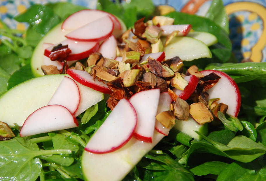 Apple, Radish, Watercress Salad with Pistachio and Chile de Arbol
