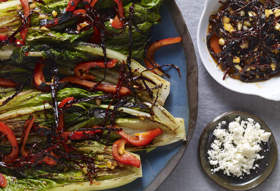 Grilled Romaine and Red Bell Peppers with Ancho Chile Vinaigrette and Cheese