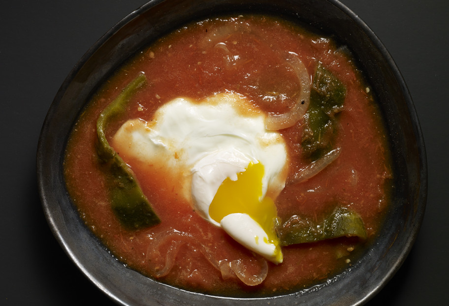Rabo de Mestiza: Poached Eggs in a Tomato and Poblano Rajas Sauce
