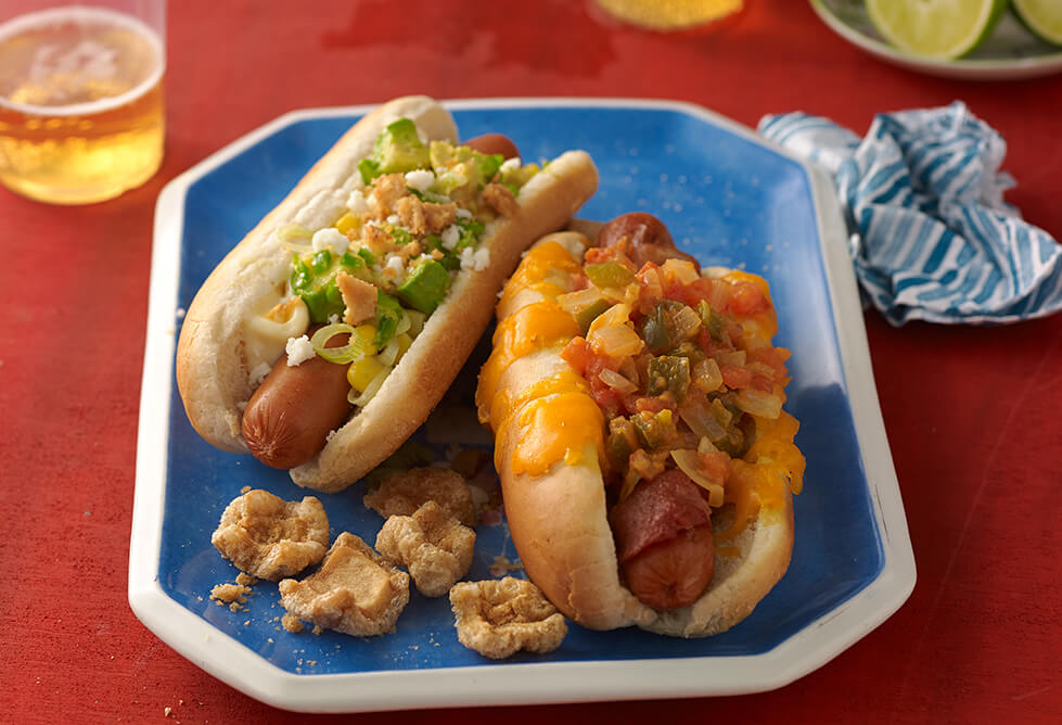 Mexican Dreamboat Hot Dog with bacon and cheddar by Pati Jinich