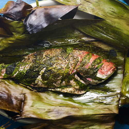 Banana Leaf-Grilled Fish with Coconut-Cilantro Sauce