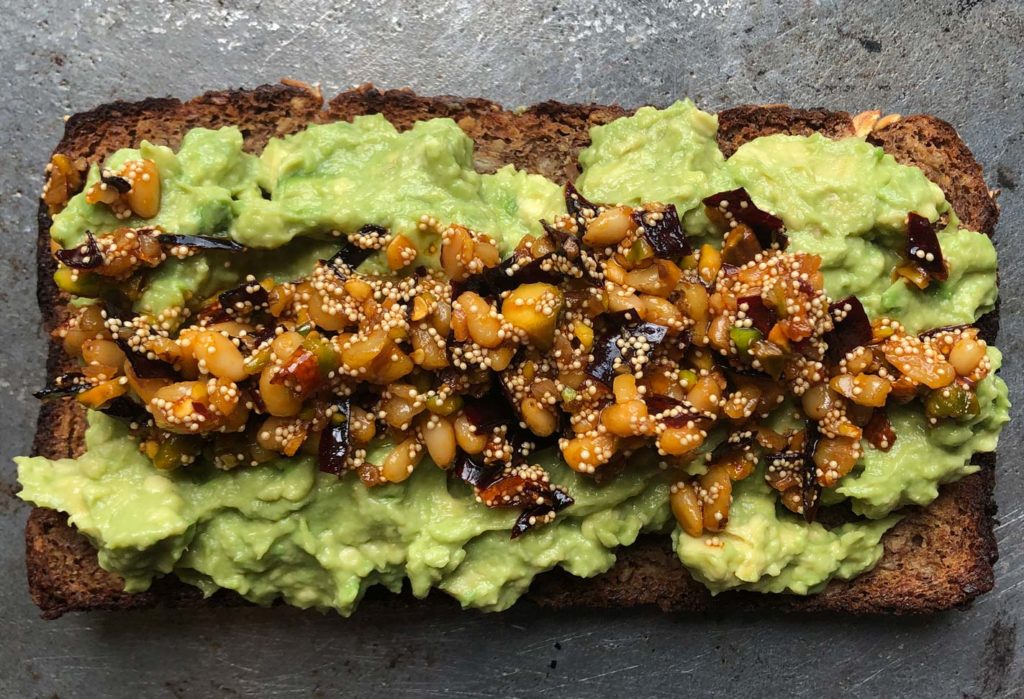 Avocado Toast with Salsa Macha with Pistachios, Walnuts and Pine Nuts