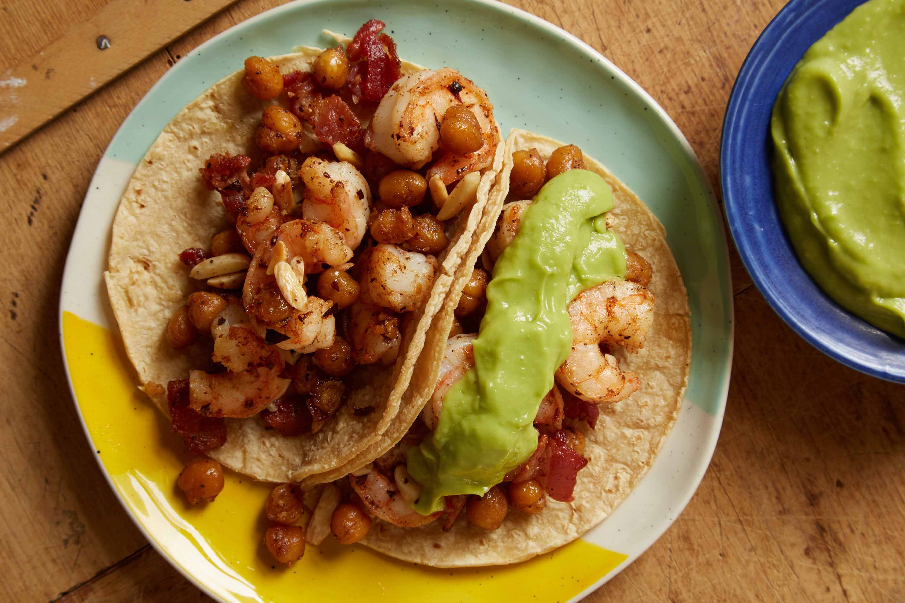Shrimp, Bacon and Crispy Chickpea Tacos with Smooth Guacamole