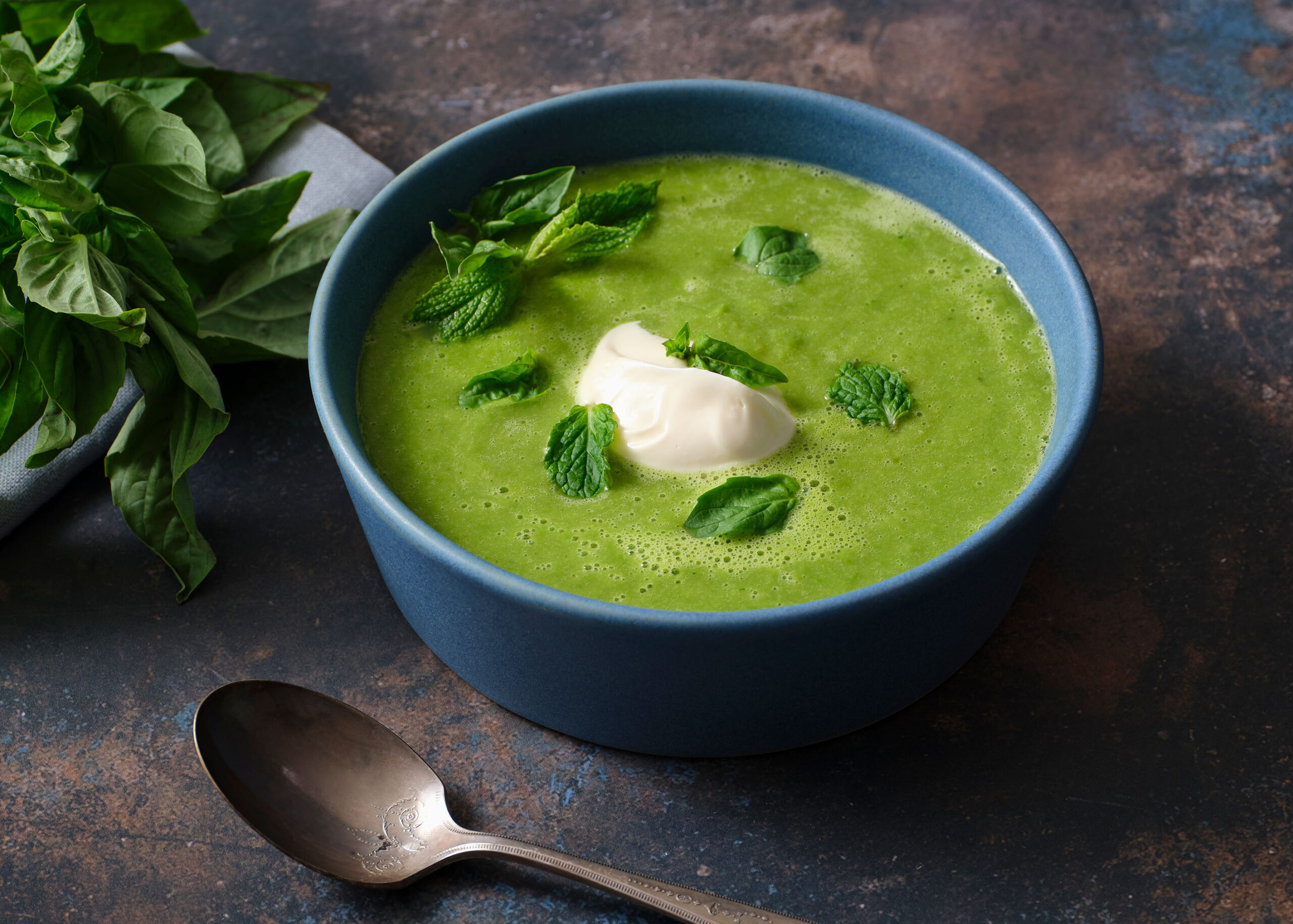 Pea Soup with Basil and Mint Crema