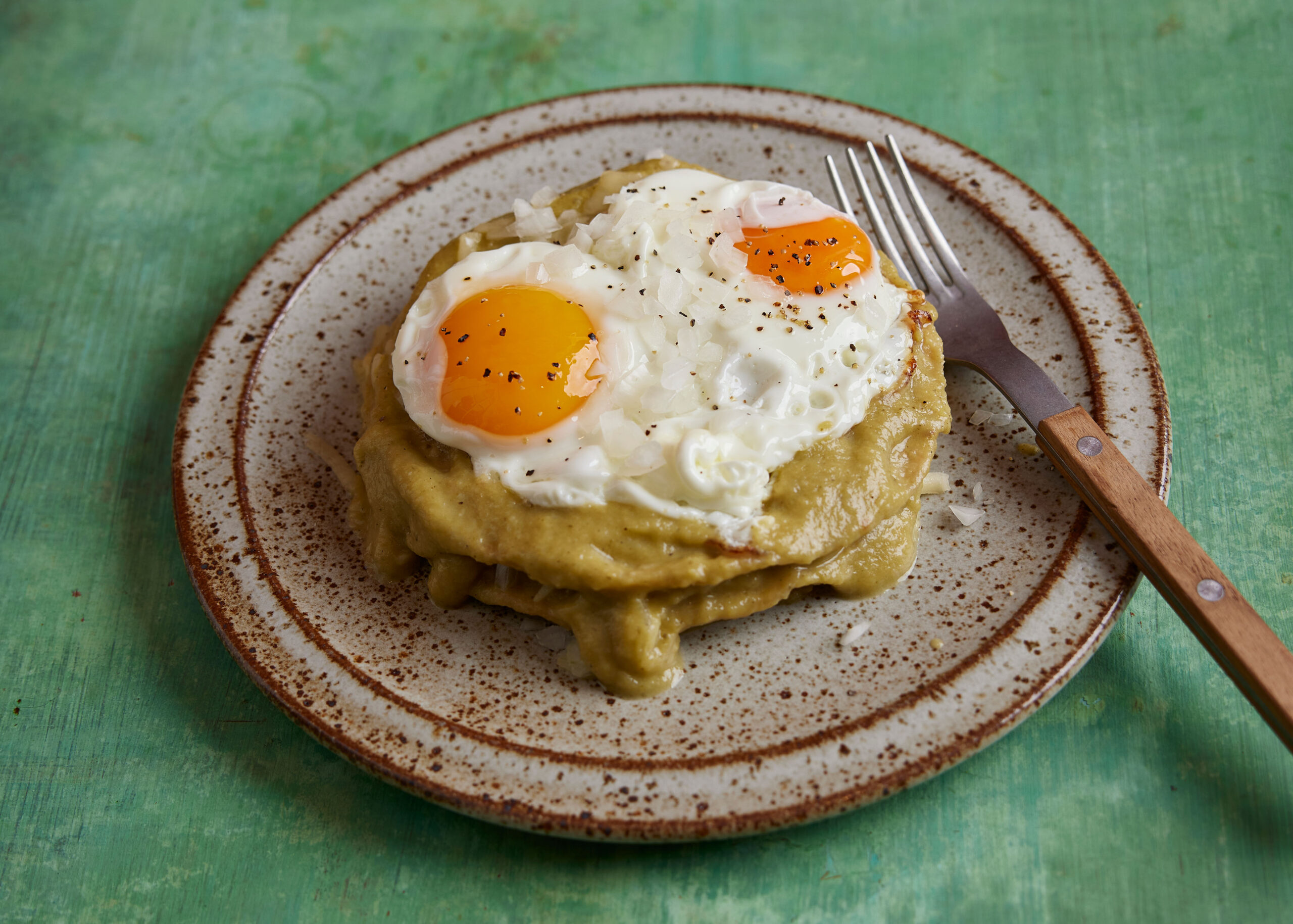 Chile Verde Stacked Enchiladas with Egg